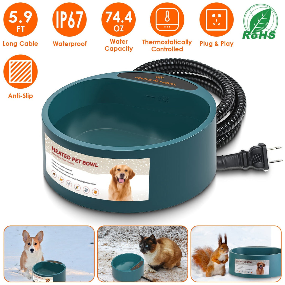 Heated Water Bowl for Dog Cat 74.4OZ Heating Water Dish IP67 Waterproof Thermal Water Bowl Heated Pet Bowl Dog Cat Water Feeder Bowl for Dog Cat Rabbi