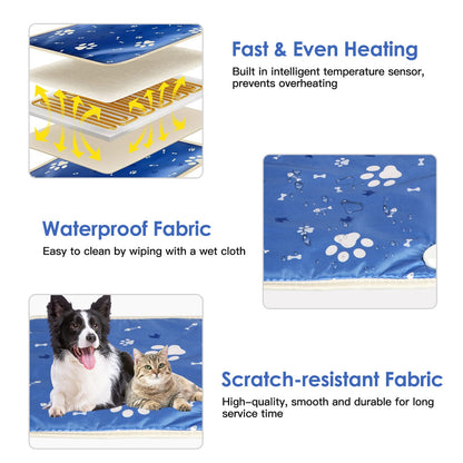 Pet Heating Pad Electric Dog Cat Heating Mat Waterproof Warming Blanket with 9 Heating Levels 4 Timer Setting Constan On Function Chewing-resistant S/
