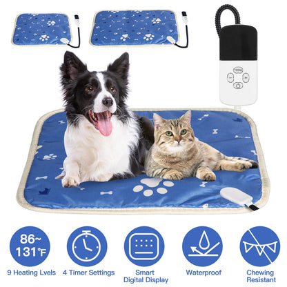 Pet Heating Pad Electric Dog Cat Heating Mat Waterproof Warming Blanket with 9 Heating Levels 4 Timer Setting Constan On Function Chewing-resistant S/